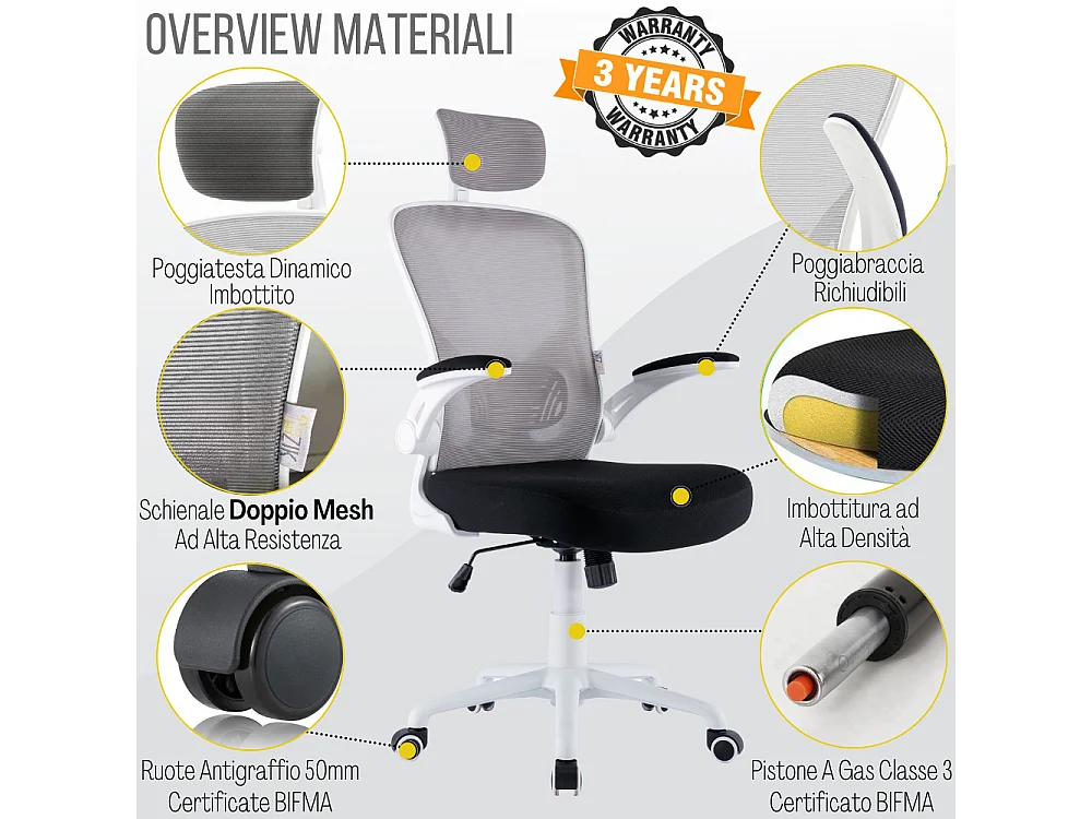 Cadeira de escritório ergonómica com apoios para os braços e apoio de cabeça oscilante, branca e cinzenta - ZIK