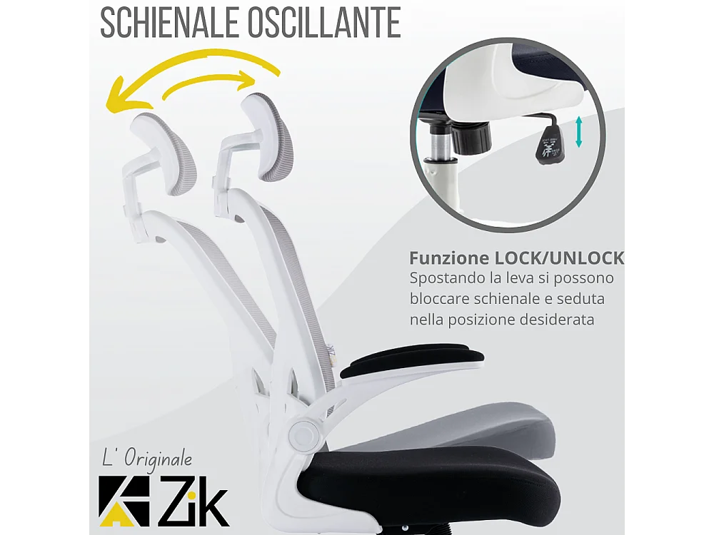 Cadeira de escritório ergonómica com apoios para os braços e apoio de cabeça oscilante, branca e cinzenta - ZIK