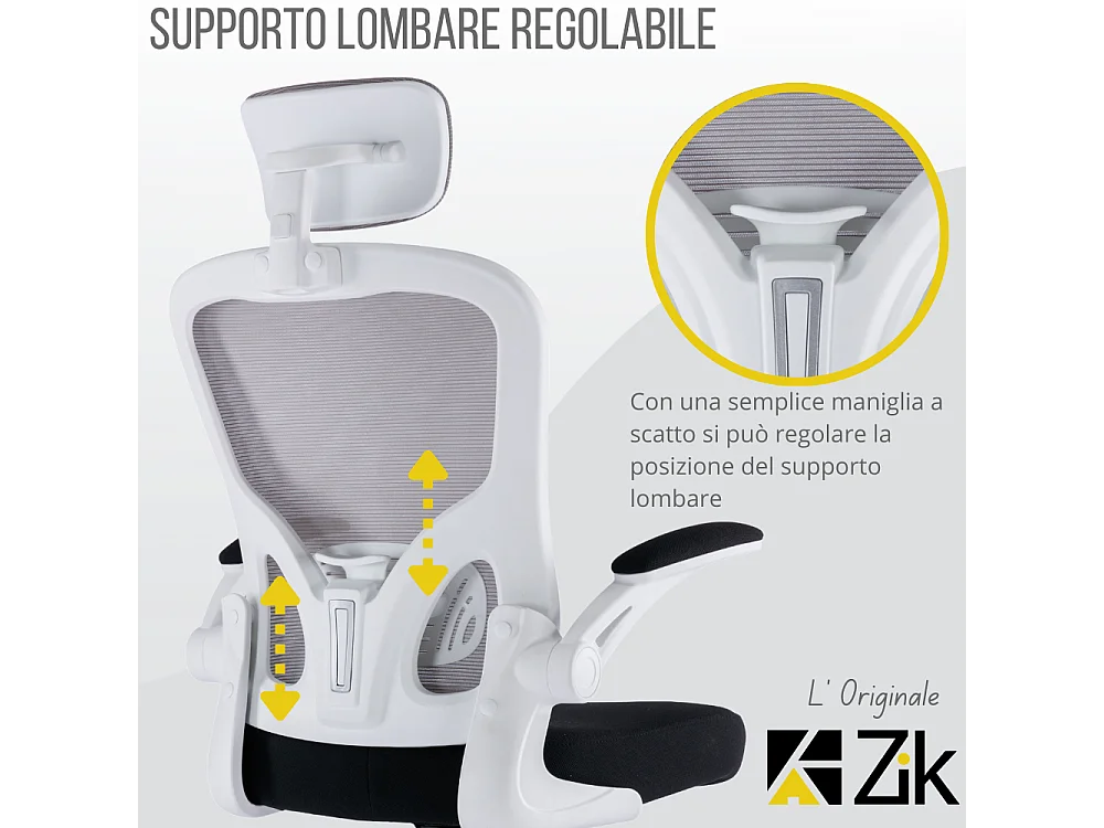 Cadeira de escritório ergonómica com apoios para os braços e apoio de cabeça oscilante, branca e cinzenta - ZIK