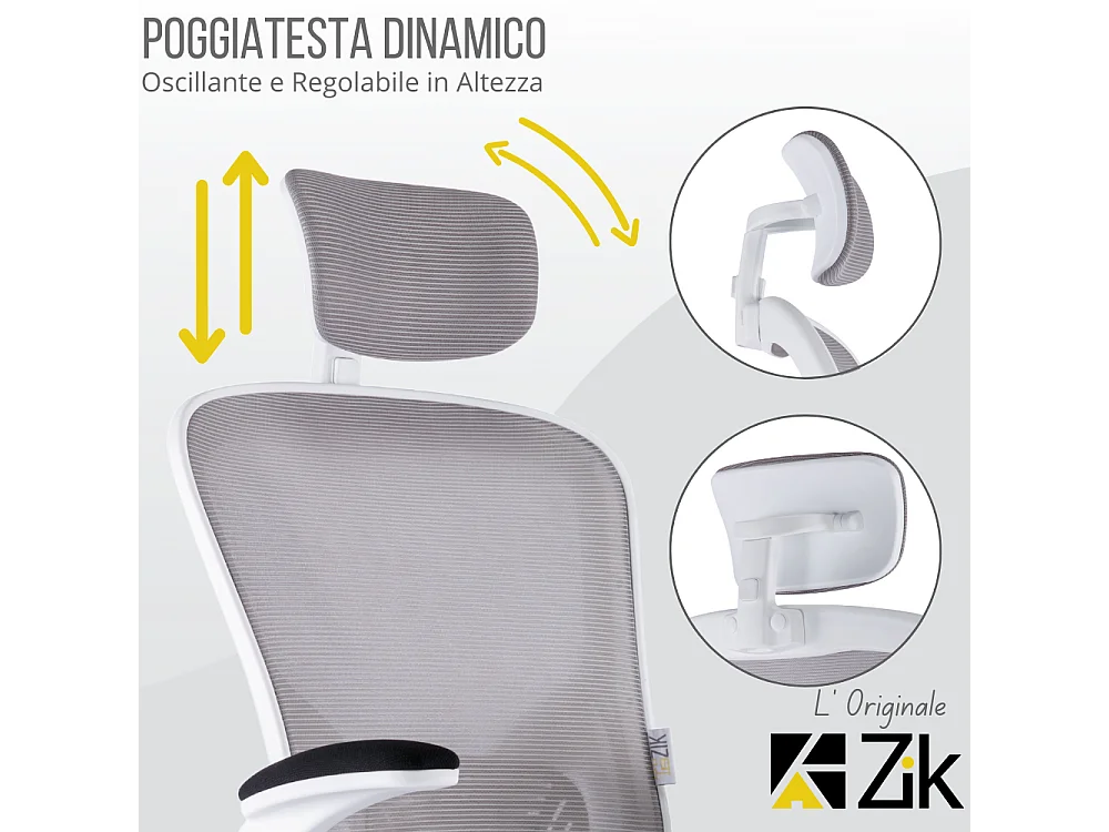 Cadeira de escritório ergonómica com apoios para os braços e apoio de cabeça oscilante, branca e cinzenta - ZIK