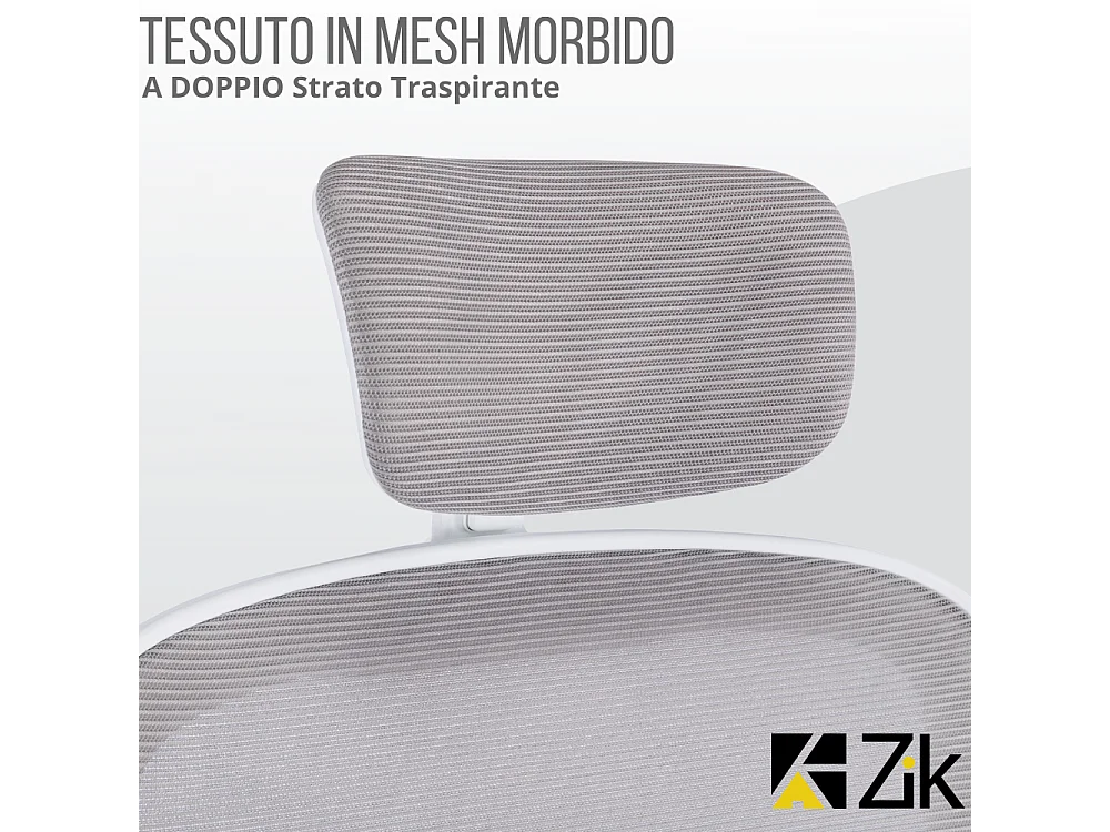 Cadeira de escritório ergonómica com apoios para os braços e apoio de cabeça oscilante, branca e cinzenta - ZIK