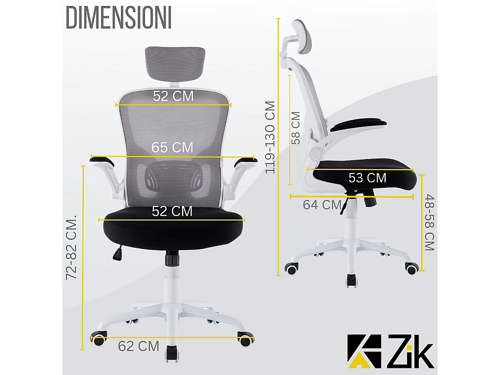Cadeira de escritório ergonómica com apoios para os braços e apoio de cabeça oscilante, branca e cinzenta - ZIK