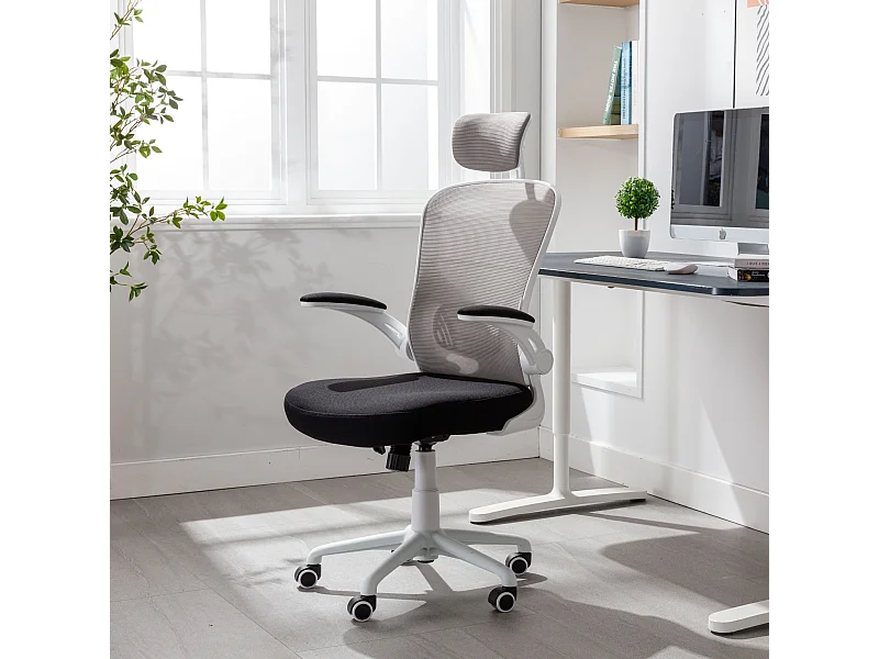 Cadeira de escritório ergonómica com apoios para os braços e apoio de cabeça oscilante, branca e cinzenta - ZIK