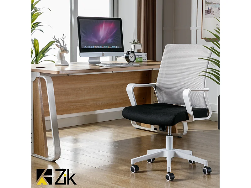 Silla de Oficina Giratoria Aegonómica, Sillón con Reposabrazos y Soporte Lumbar de Tela, Silla de Escritorio Ajustable - Blanco Gris