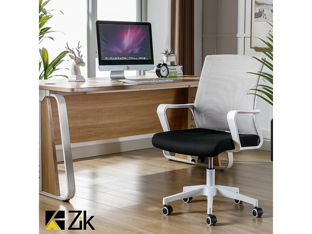 Sedia da Ufficio Ergonomica Girevole, Poltrona con Braccioli e Supporto Lombare in Tessuto, Regolabile - Bianco Grigio