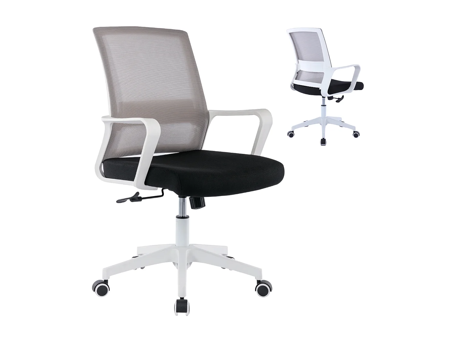 Sedia da Ufficio Ergonomica Girevole, Poltrona con Braccioli e Supporto Lombare in Tessuto, Regolabile - Bianco Grigio