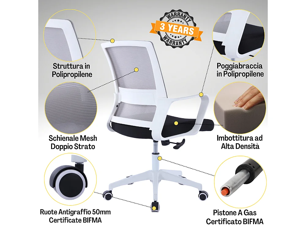 Sedia da Ufficio Ergonomica Girevole, Poltrona con Braccioli e Supporto Lombare in Tessuto, Regolabile - Bianco Grigio