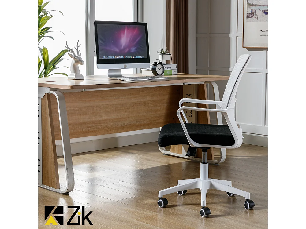 Sedia da Ufficio Ergonomica Girevole, Poltrona con Braccioli e Supporto Lombare in Tessuto, Regolabile - Bianco Grigio