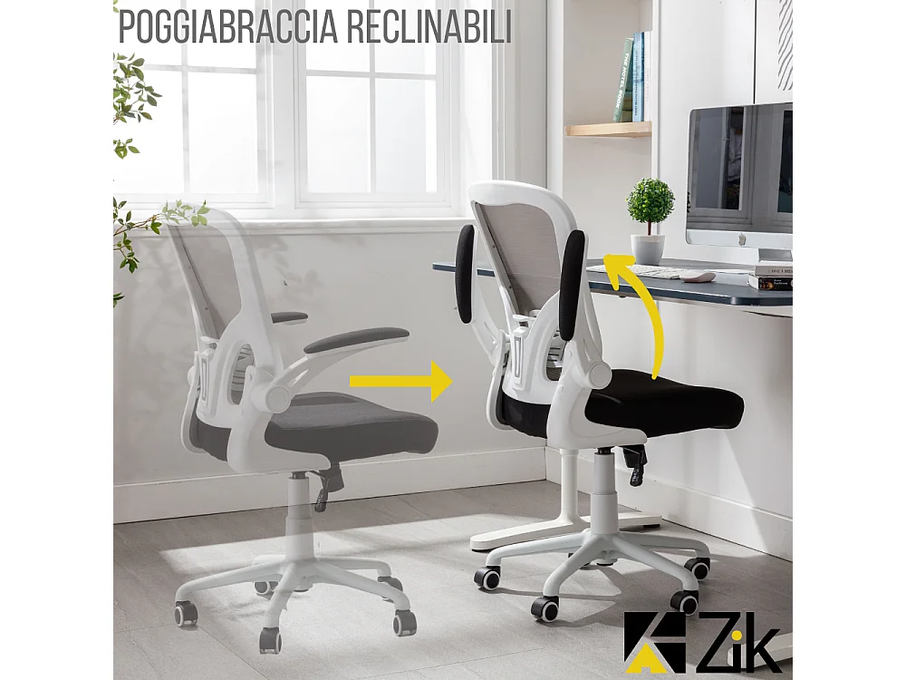 Cadeira de secretária giratória ergonómica com apoios para os braços, tecido ajustável, Branco - ZIK