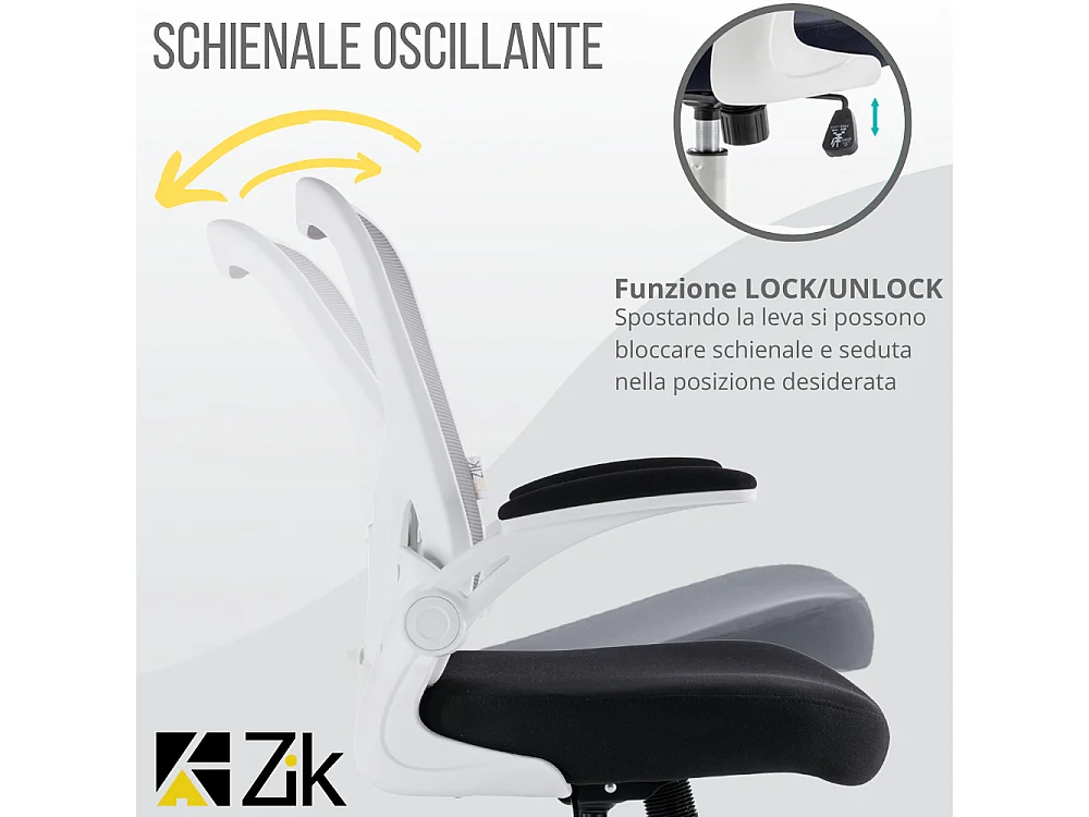 Cadeira de secretária giratória ergonómica com apoios para os braços, tecido ajustável, Branco - ZIK