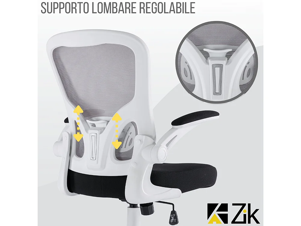 Cadeira de secretária giratória ergonómica com apoios para os braços, tecido ajustável, Branco - ZIK