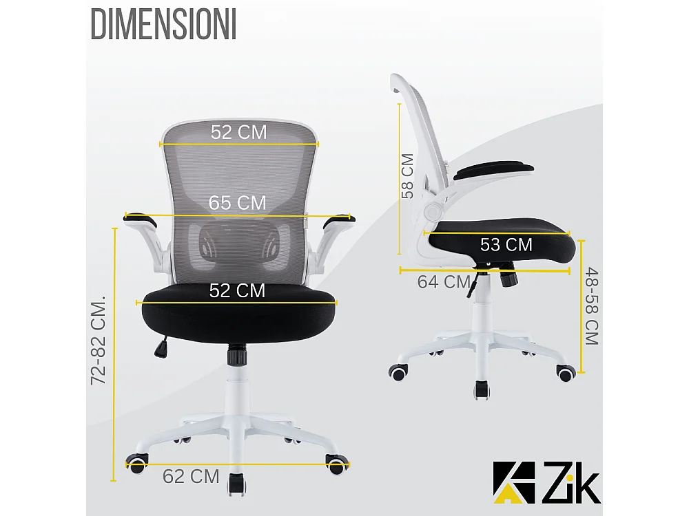 Cadeira de secretária giratória ergonómica com apoios para os braços, tecido ajustável, Branco - ZIK