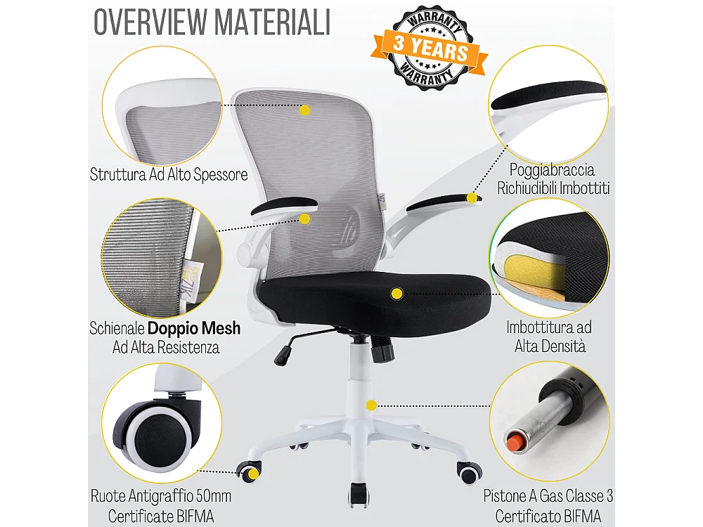 Cadeira de secretária giratória ergonómica com apoios para os braços, tecido ajustável, Branco - ZIK