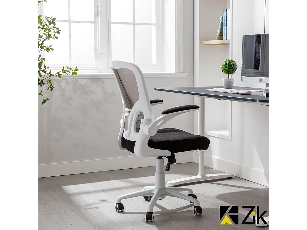 Cadeira de secretária giratória ergonómica com apoios para os braços, tecido ajustável, Branco - ZIK