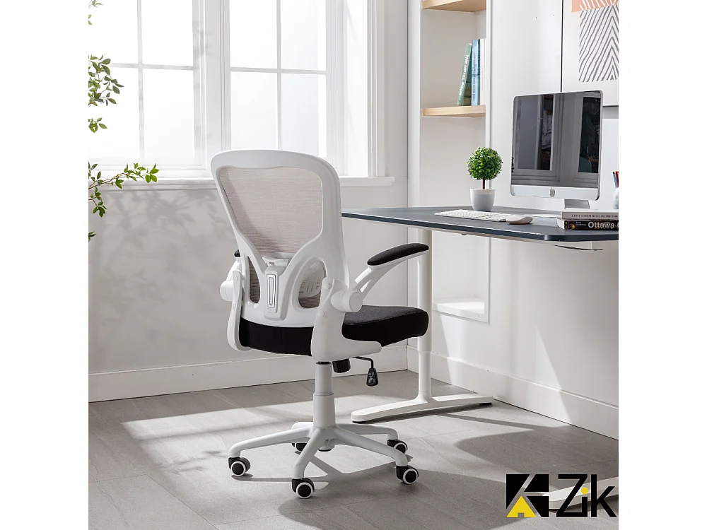 Cadeira de secretária giratória ergonómica com apoios para os braços, tecido ajustável, Branco - ZIK