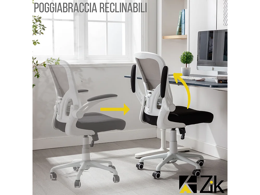 Cadeira de secretária giratória ergonómica com apoios para os braços, tecido ajustável, Branco - ZIK