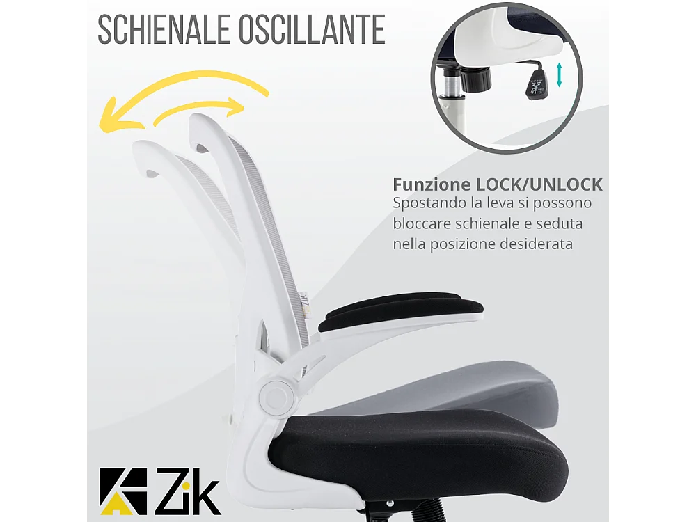 Cadeira de secretária giratória ergonómica com apoios para os braços, tecido ajustável, Branco - ZIK
