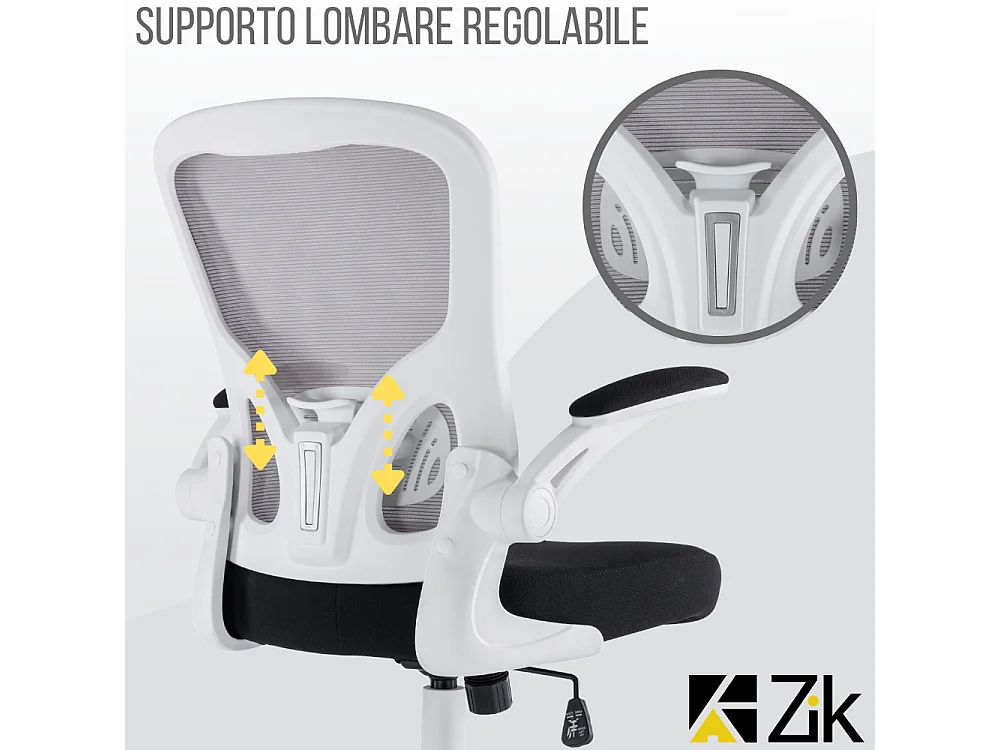 Cadeira de secretária giratória ergonómica com apoios para os braços, tecido ajustável, Branco - ZIK
