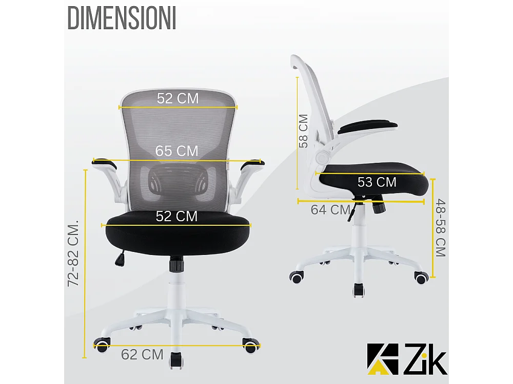 Cadeira de secretária giratória ergonómica com apoios para os braços, tecido ajustável, Branco - ZIK