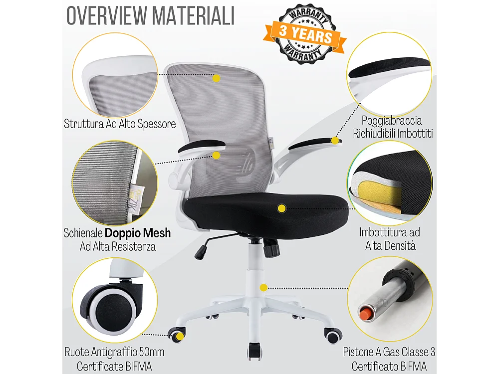 Cadeira de secretária giratória ergonómica com apoios para os braços, tecido ajustável, Branco - ZIK