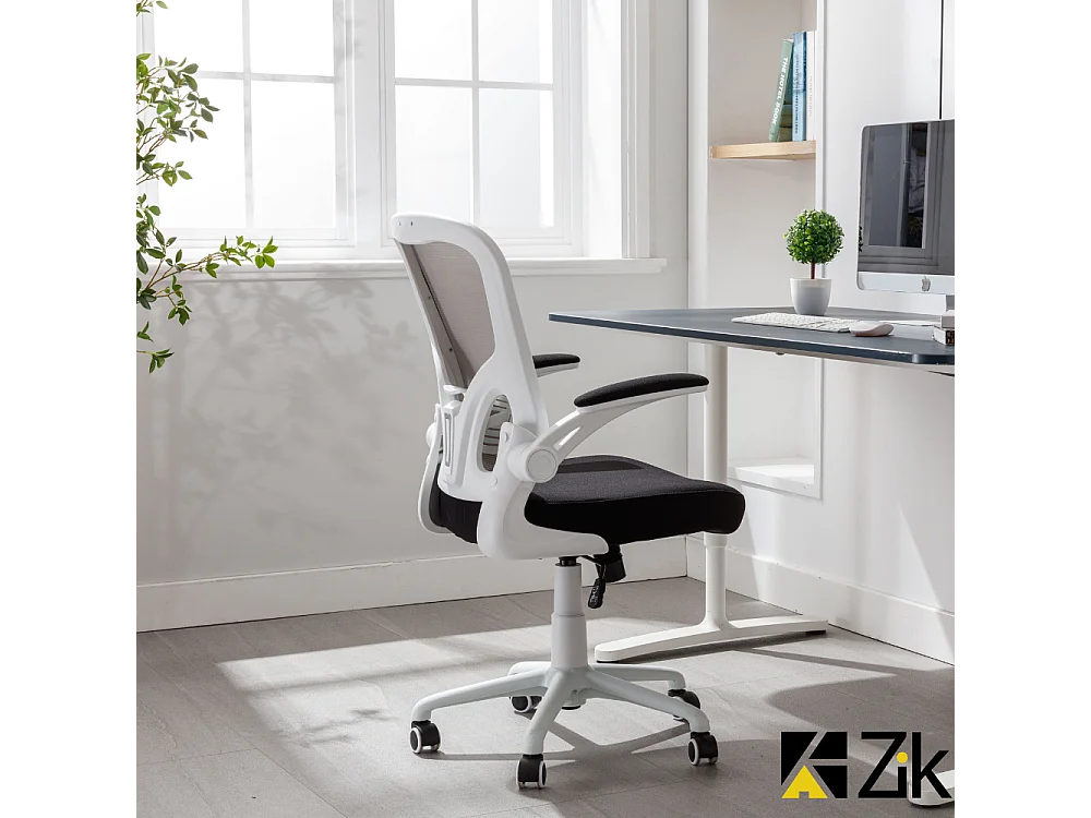 Cadeira de secretária giratória ergonómica com apoios para os braços, tecido ajustável, Branco - ZIK