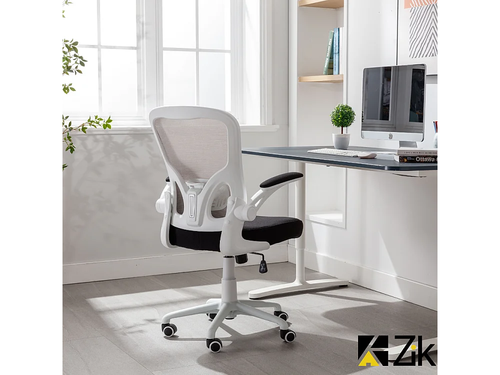 Cadeira de secretária giratória ergonómica com apoios para os braços, tecido ajustável, Branco - ZIK