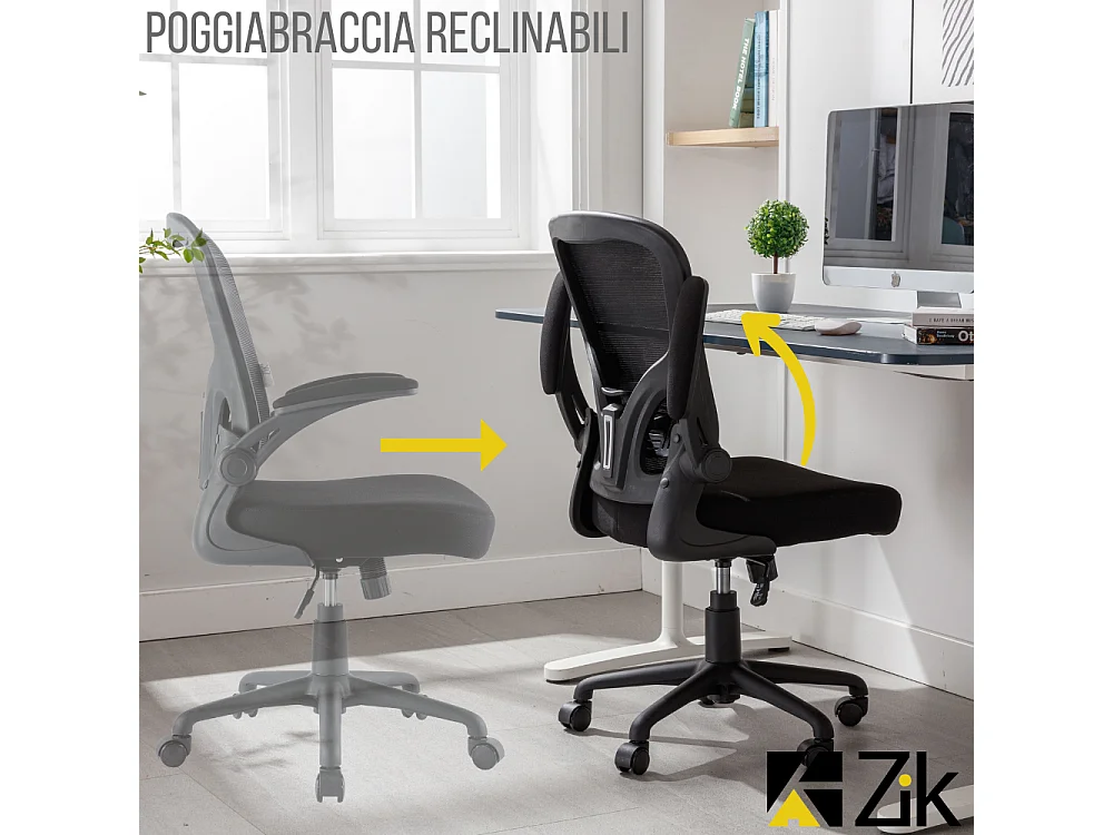 Sedia Ufficio Ergonomica Girevole Reclinabile da Scrivania con Braccioli, Regolabile in Tessuto Nero - ZIK