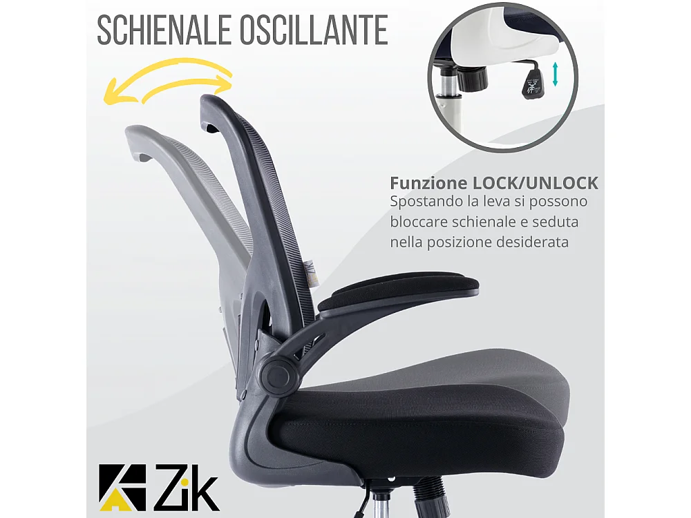 Sedia Ufficio Ergonomica Girevole Reclinabile da Scrivania con Braccioli, Regolabile in Tessuto Nero - ZIK