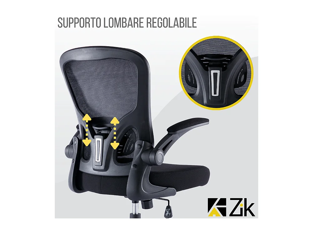 Sedia Ufficio Ergonomica Girevole Reclinabile da Scrivania con Braccioli, Regolabile in Tessuto Nero - ZIK