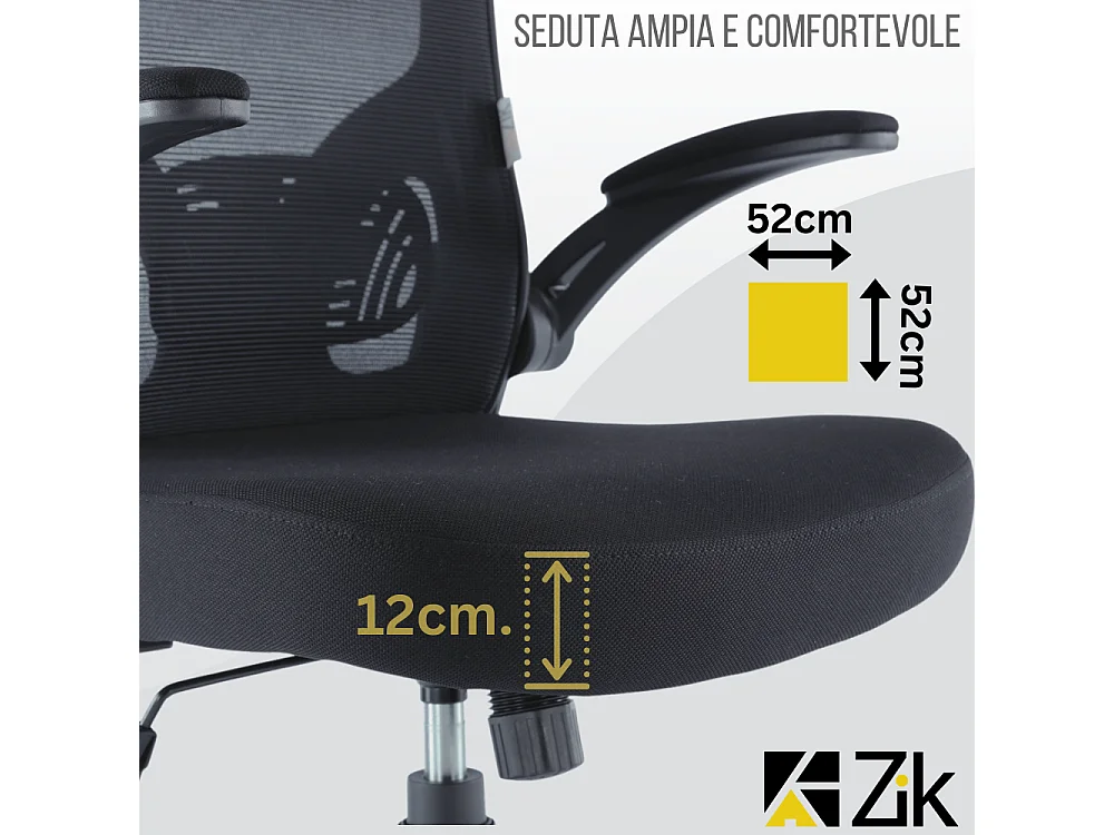 Cadeira de secretária giratória ergonómica com apoios para os braços, tecido ajustável, Preta - ZIK