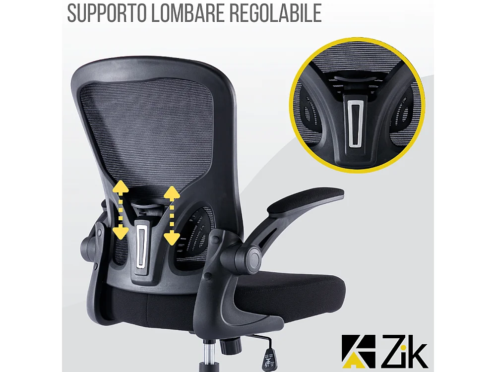 Cadeira de secretária giratória ergonómica com apoios para os braços, tecido ajustável, Preta - ZIK