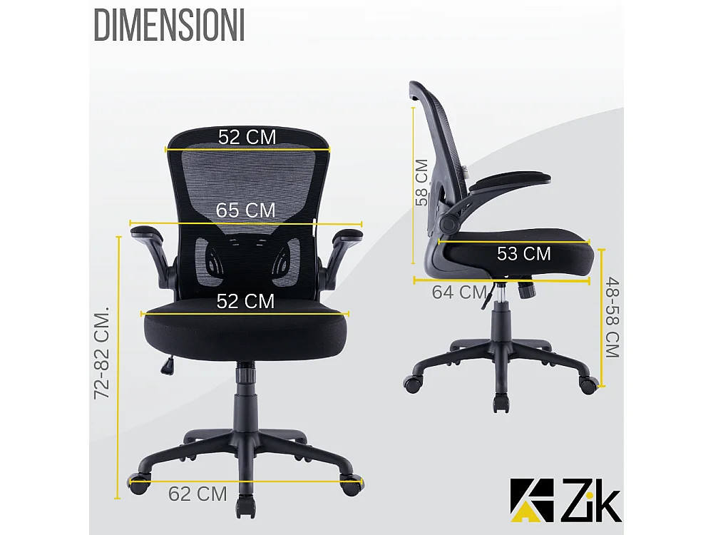 Cadeira de secretária giratória ergonómica com apoios para os braços, tecido ajustável, Preta - ZIK