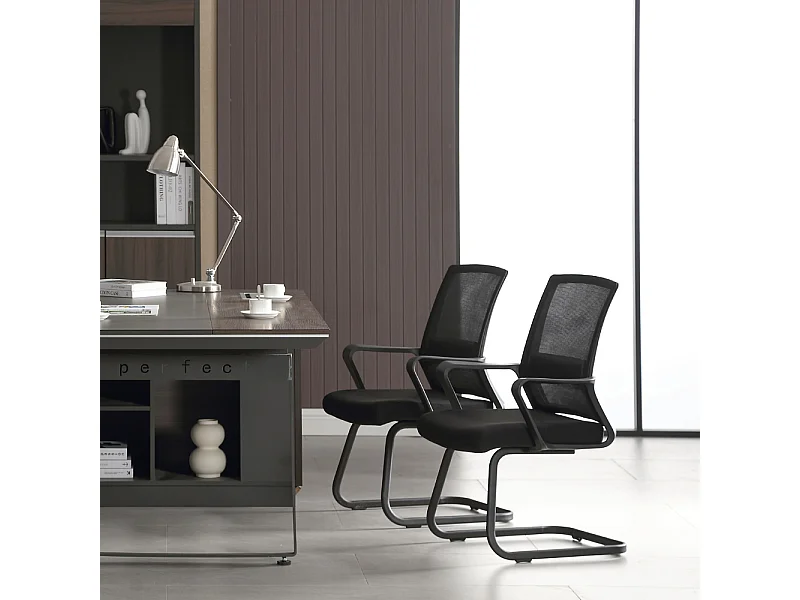 Sedia Sala d'Attesa Set 2 Poltrone Riunione e Conferenza con Braccioli, Ergonomica in Tessuto, da Visitatore - Nero