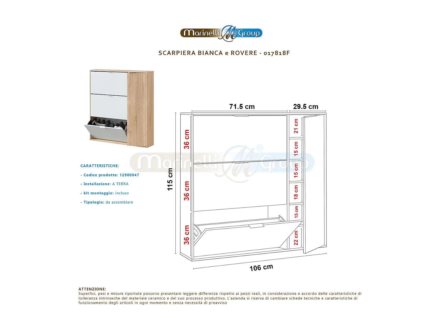 Scarpiera bagno casa garage 3 ante a ribalta anta 106 X 22 X 115 rovere - 017818F
