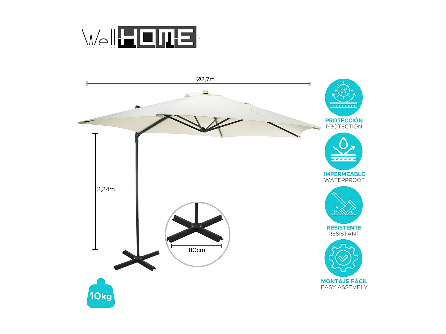 WELL HOME - Parasol suspendu Push Up Ø270cm coloris crème avec pied en acier croisé