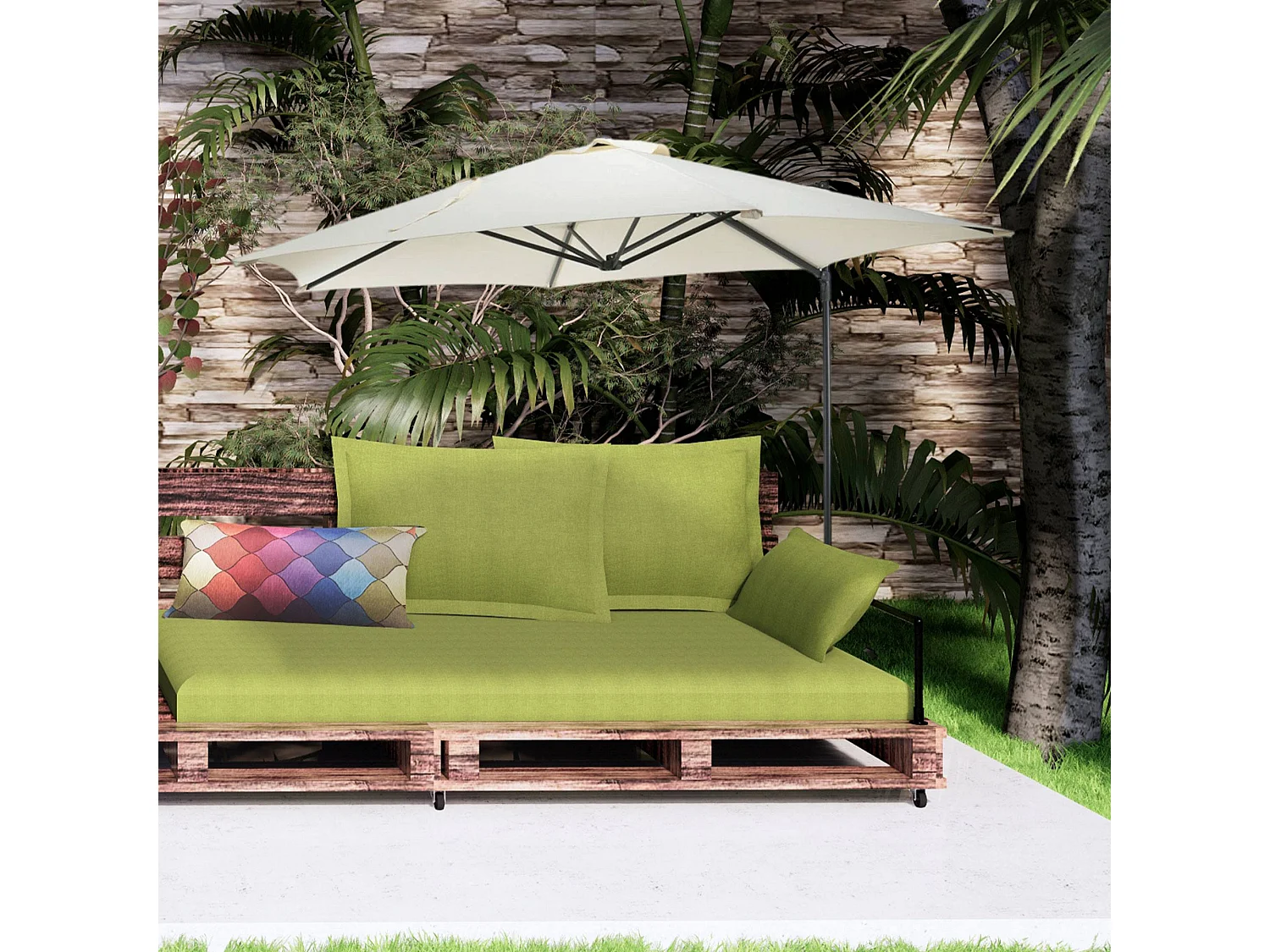 WELL HOME - Parasol suspendu Push Up Ø270cm coloris crème avec pied en acier croisé