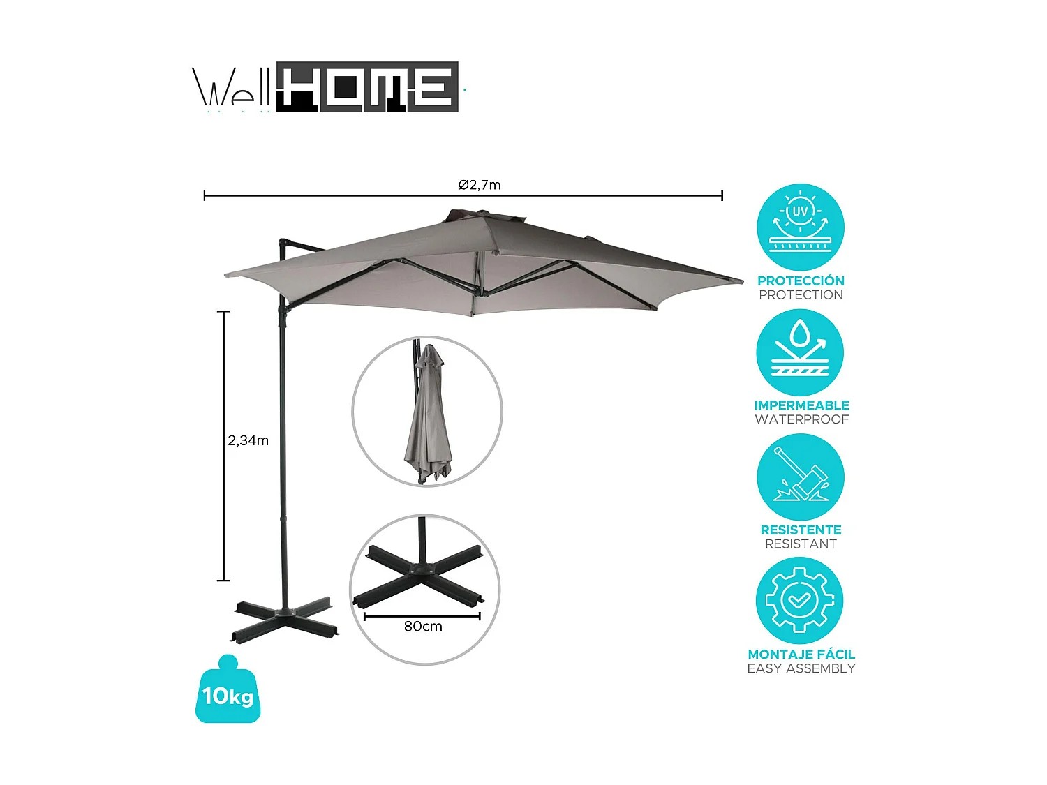WELL HOME - Parasol suspendu Push Up Ø270 cm taupe avec pied en acier croisé