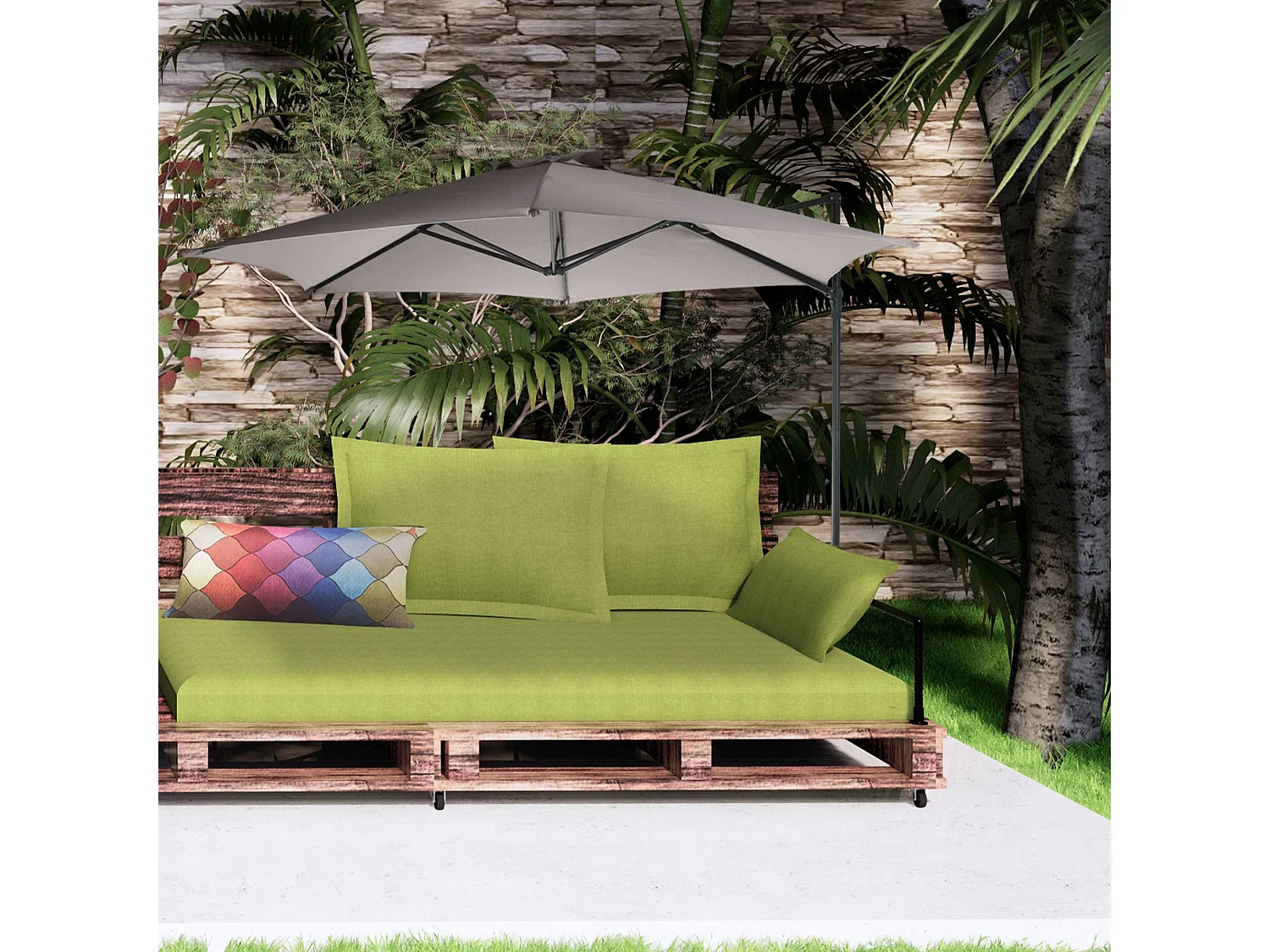 WELL HOME - Parasol suspendu Push Up Ø270 cm taupe avec pied en acier croisé