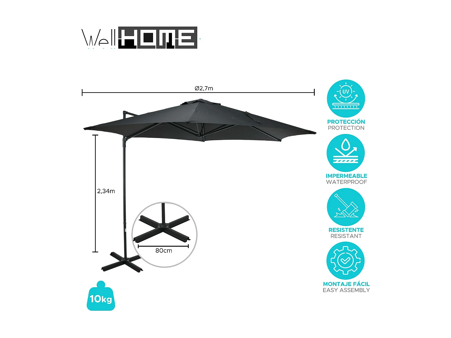 WELL HOME - Parasol suspendu Push Up Ø270cm coloris anthracite avec pied en acier croisé