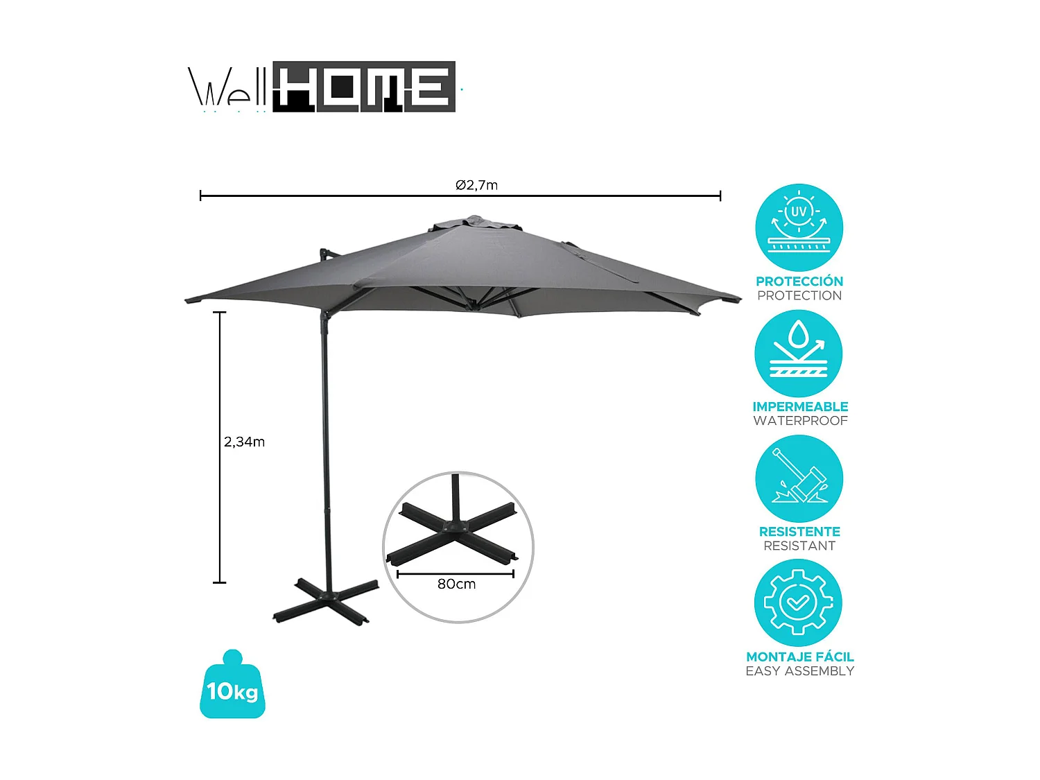 WELL HOME - Parasol suspendu Push Up Ø270 cm gris clair avec pied en acier croisé