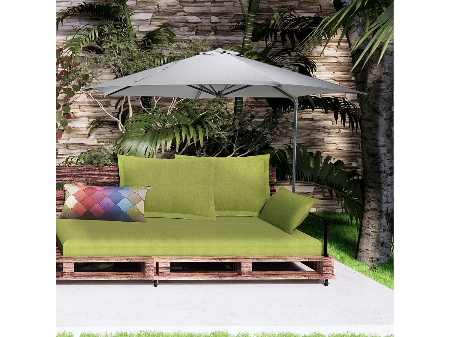 WELL HOME - Parasol suspendu Push Up Ø270 cm gris clair avec pied en acier croisé