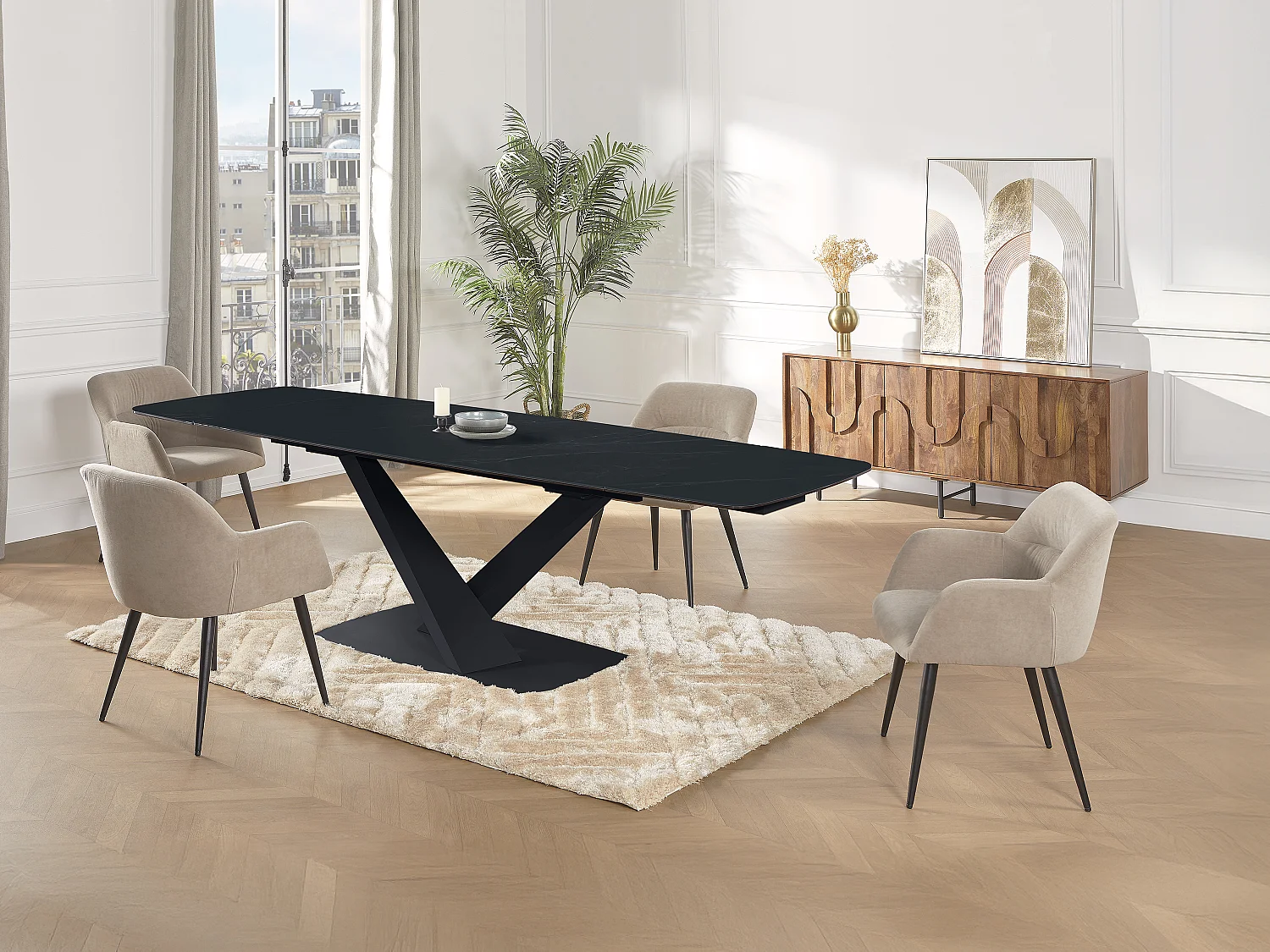 Set tafel MALATA + 4 stoelen HEKA - Zwart marmereffect en beige