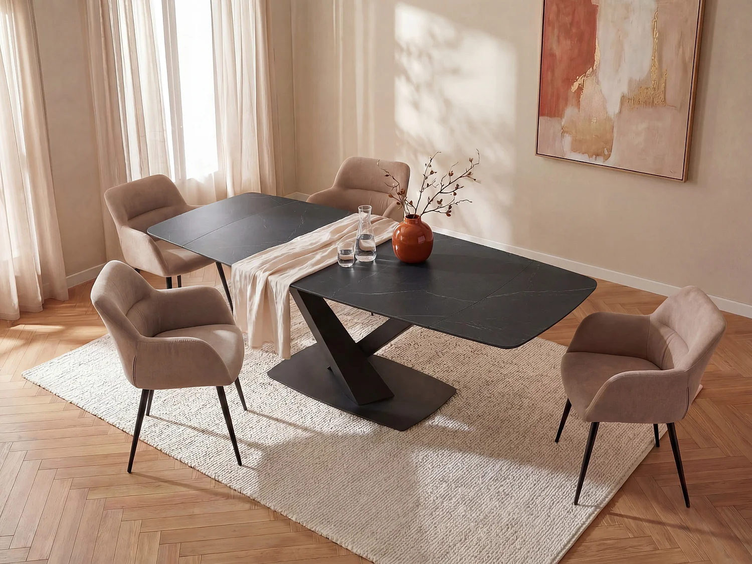 Ensemble table MALATA + 4 chaises HEKA - Effet marbre noir et beige