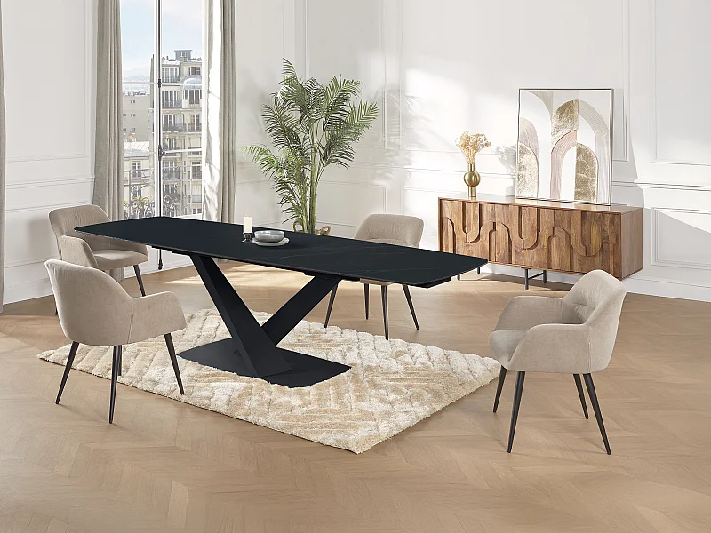 Ensemble table MALATA + 4 chaises HEKA - Effet marbre noir et beige