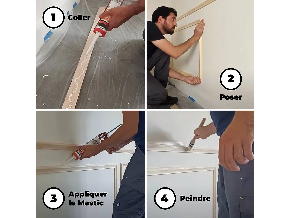 Kit moulure décor 2 - 370 à 400cm - Moulure murale bois 100%FSC pour soubassement