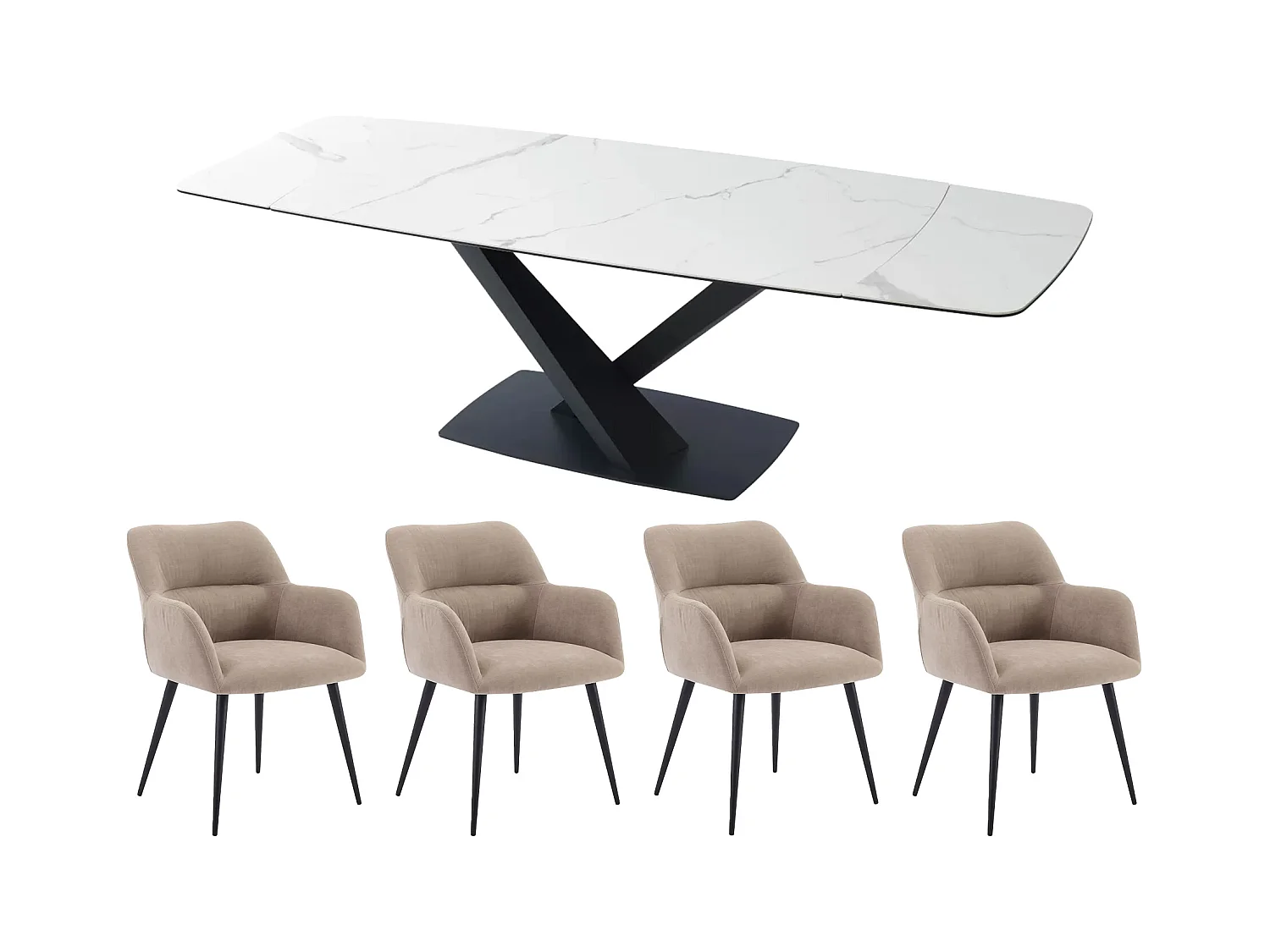 MALATA bord + 4 HEKA stolar - Vit och beige marmoreffekt