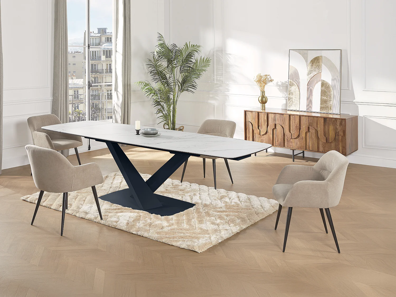 Set tafel MALATA + 4 stoelen HEKA - Wit marmereffect en beige