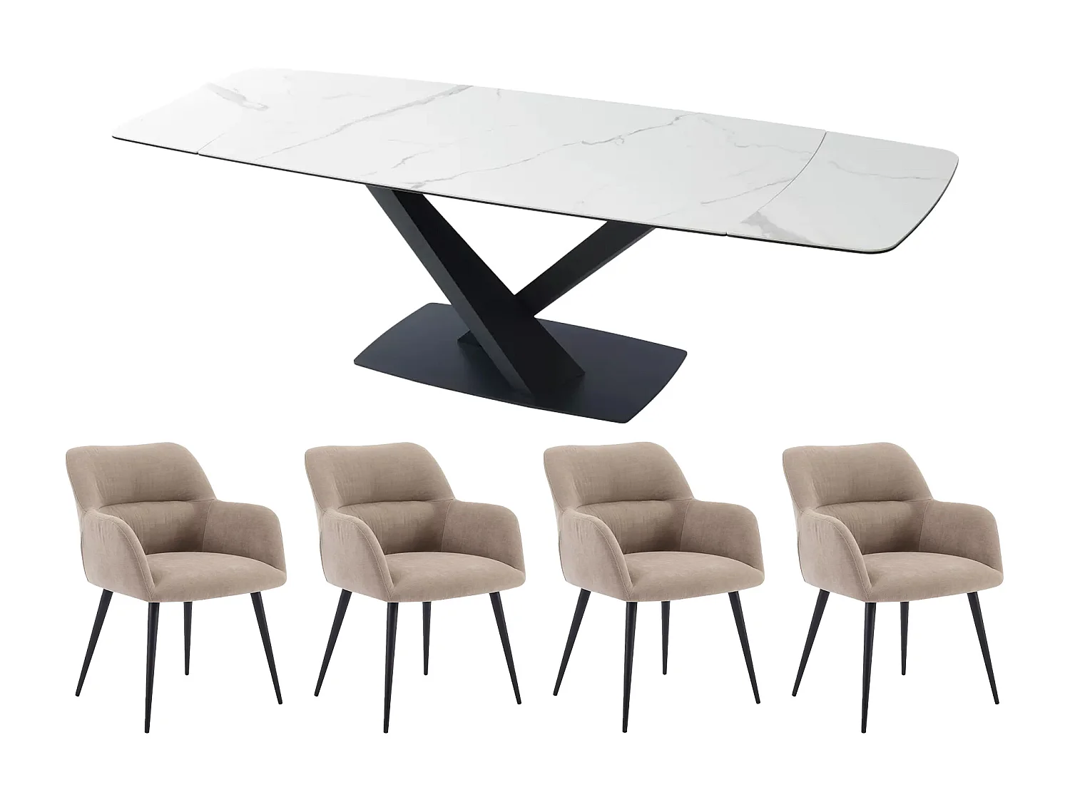 Ensemble table MALATA + 4 chaises HEKA - Effet marbre blanc et beige