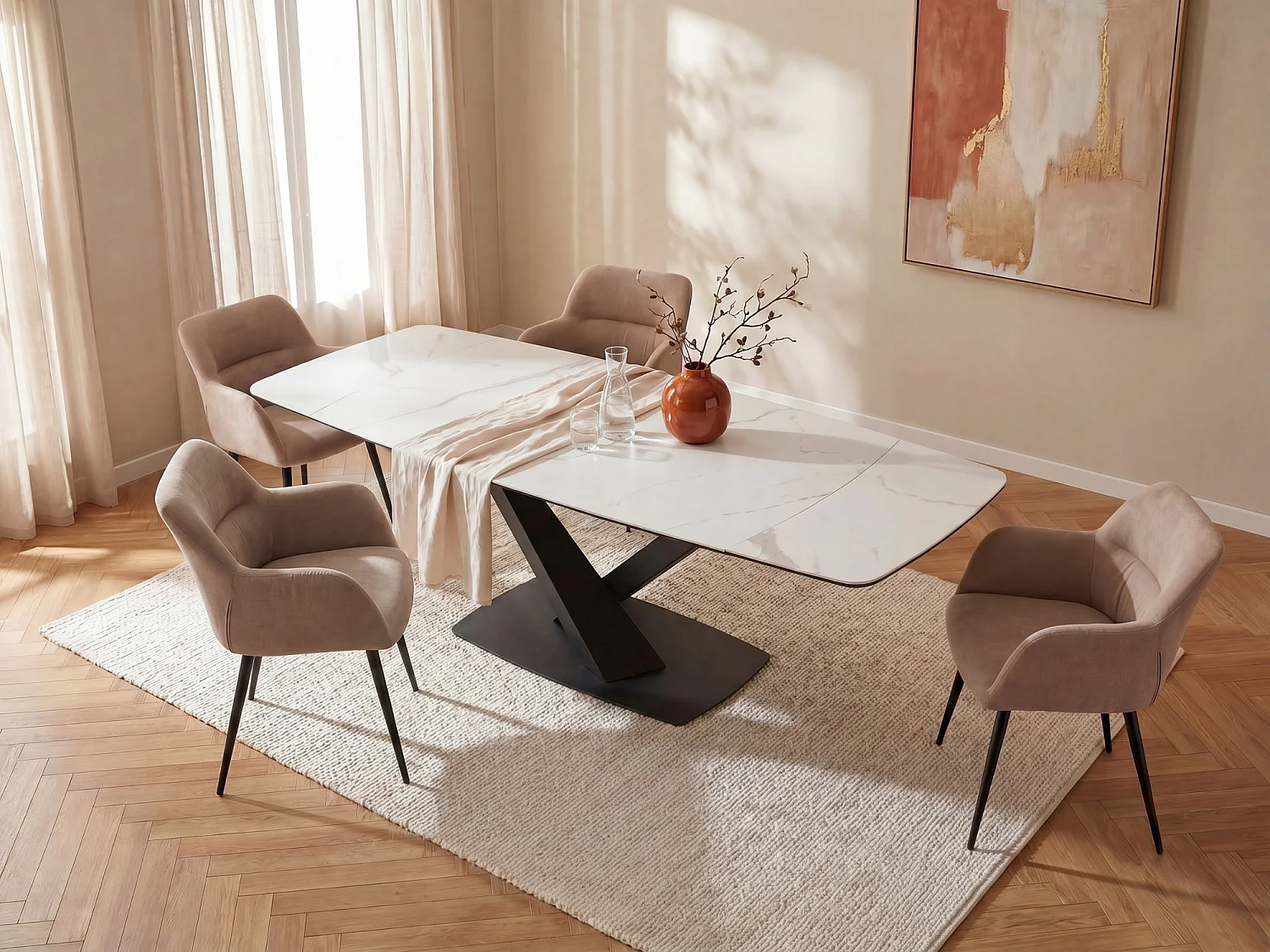Ensemble table MALATA + 4 chaises HEKA - Effet marbre blanc et beige