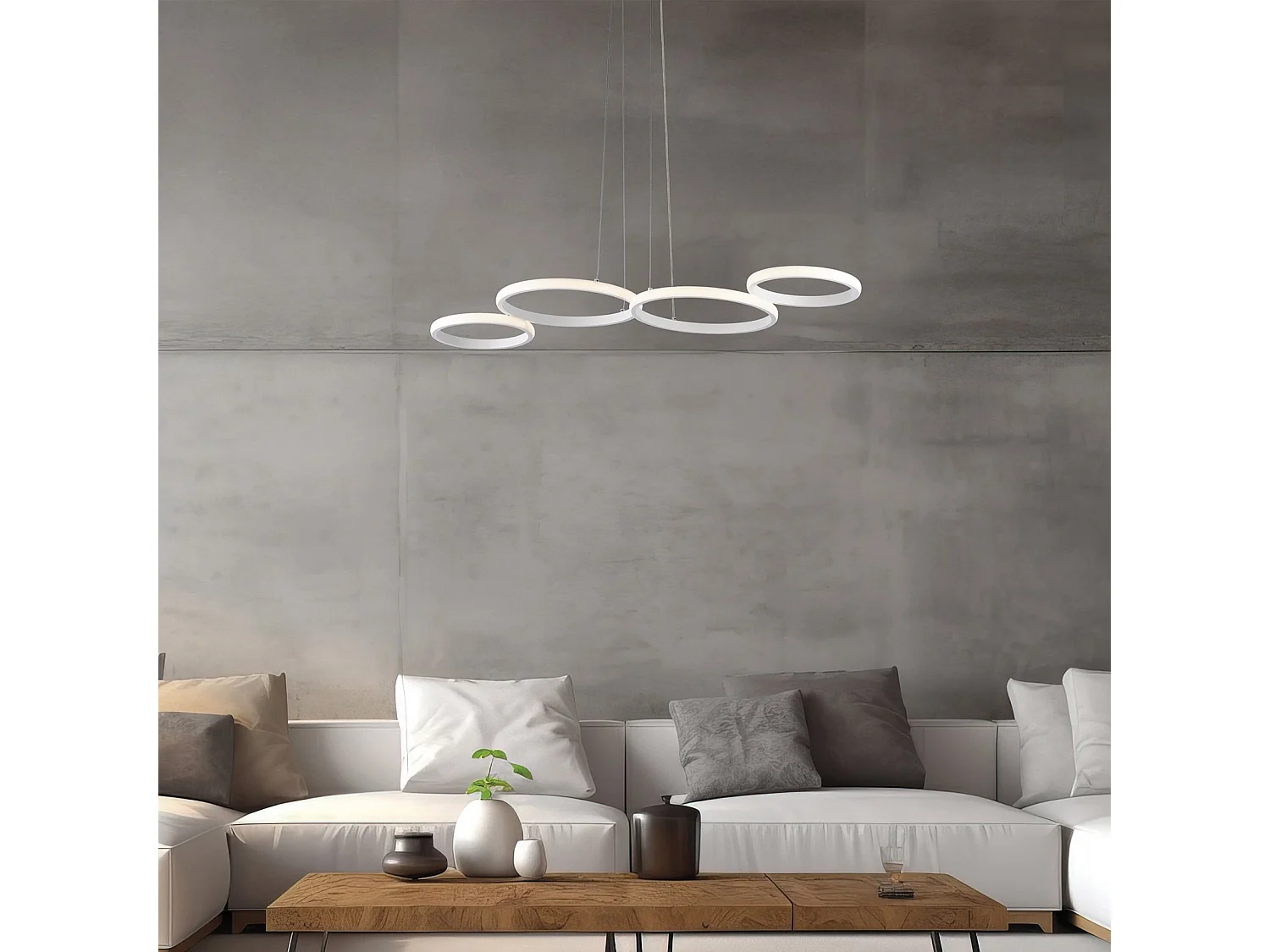 Suspension LED Atena métal blanc, télécommande incluse, LED CCT intégrée, câbles réglables, design minimaliste